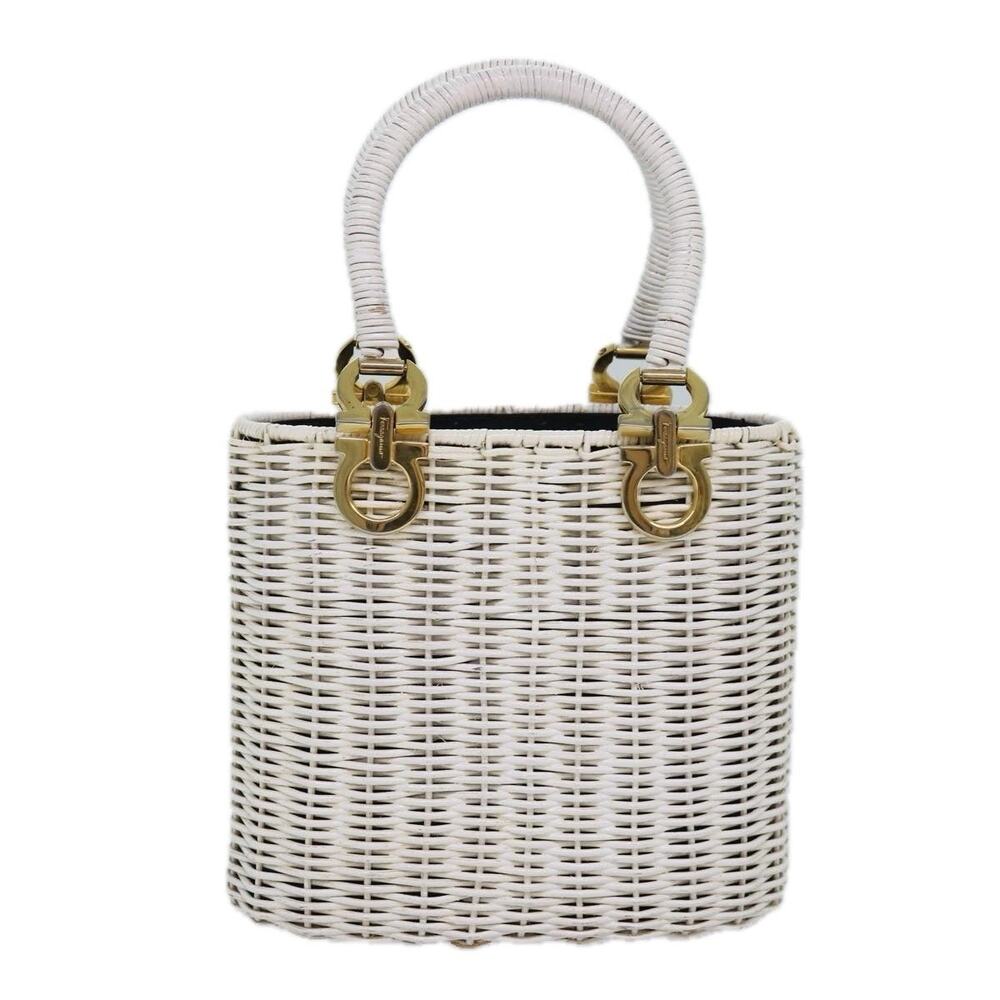 Salvatore Ferragamo Straw Gancini Basket Bag Handbag White